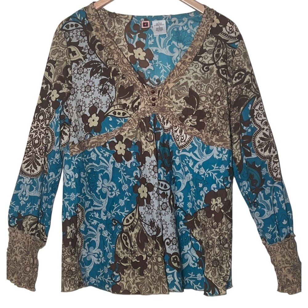 Forbidden Women's Blouse Size Large Blue & Brown Peasant Top V-neck LS LW Y2K